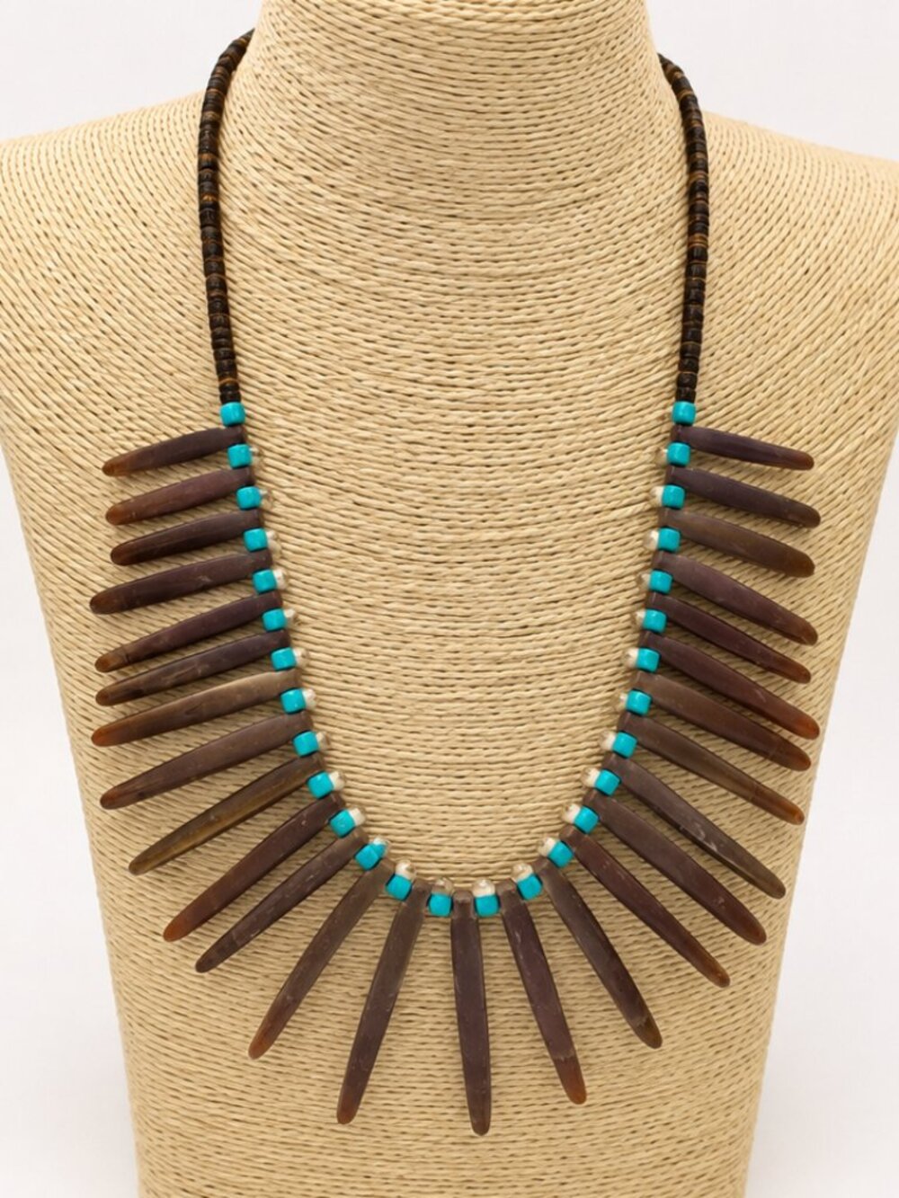 Tribal Spike Shell Necklace Brown Shell & Turquoise Bead Statement Necklace